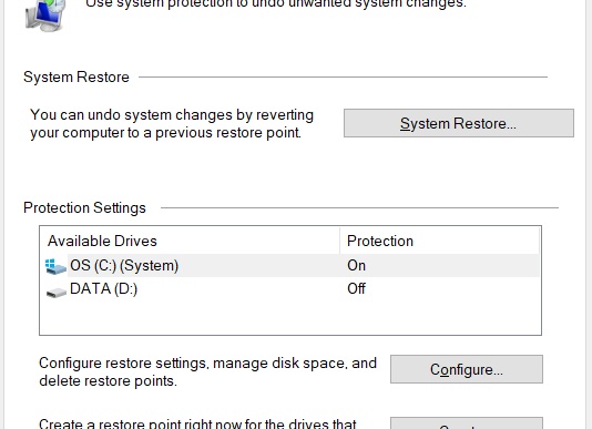Создание точки восстановления в Windows 8
